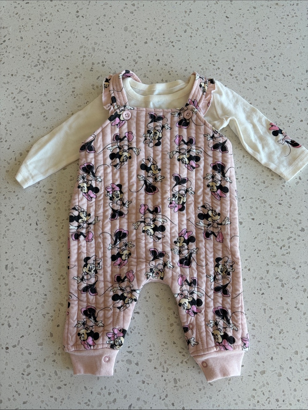 Pink Minnie Mouse Quilted Overalls with White Long Sleeve shirt
